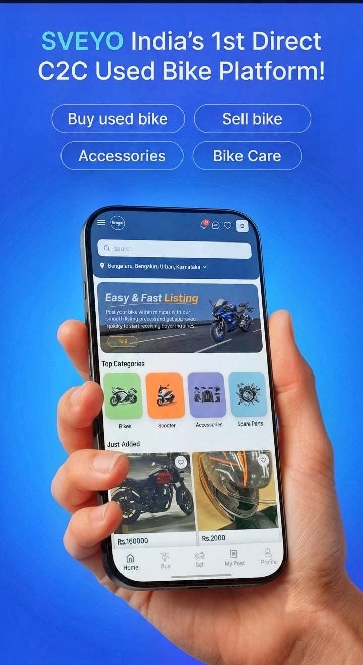 Sveyo app showing India’s first direct C2C used bike platform